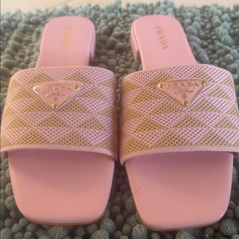 Pink Mesh Slide Sandals with Gold Logo